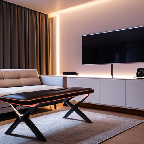 Home 4 **A sleek, modern living room featuring smart furniture. Focus on a self-adjusting desk and chair illuminated by LED lighting. Include a wireless charging sofa.**