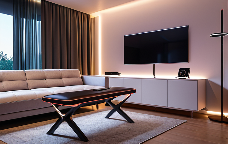 **A sleek, modern living room featuring smart furniture. Focus on a self-adjusting desk and chair illuminated by LED lighting. Include a wireless charging sofa.**