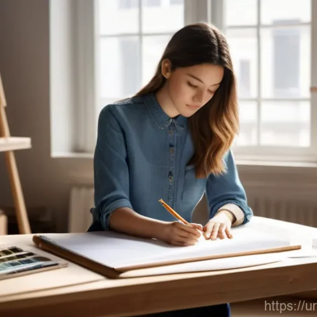 가구디자인으로 커리어 시작하기 - **Prompt:** "A young, ambitious female furniture designer, around 25 years old, sits at a large wood...