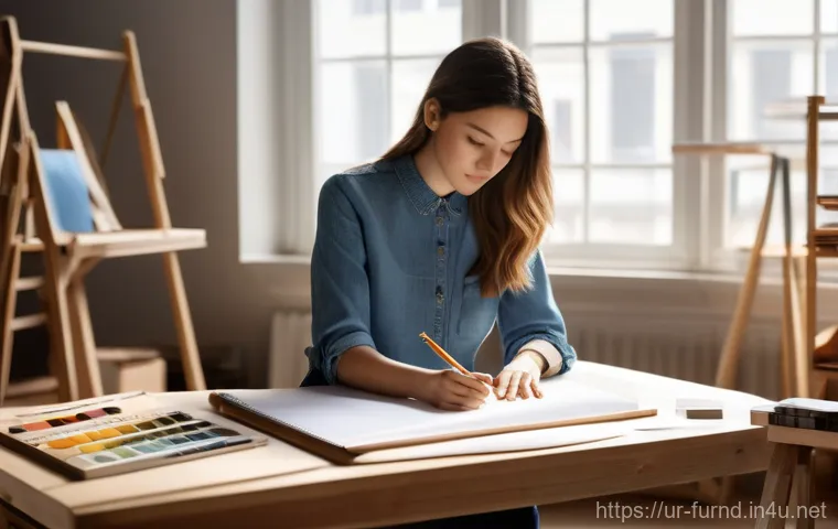 가구디자인으로 커리어 시작하기 - **Prompt:** "A young, ambitious female furniture designer, around 25 years old, sits at a large wood...