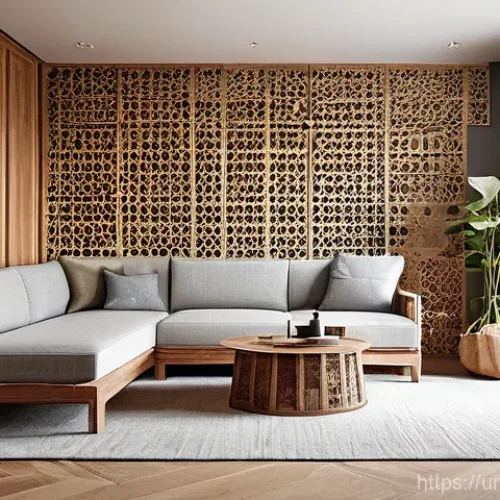 Home 28 가구디자인 경력 개발 방법 - **Prompt 1: Sustainable and Multifunctional Living Space**
"A bright, naturally lit living room ...